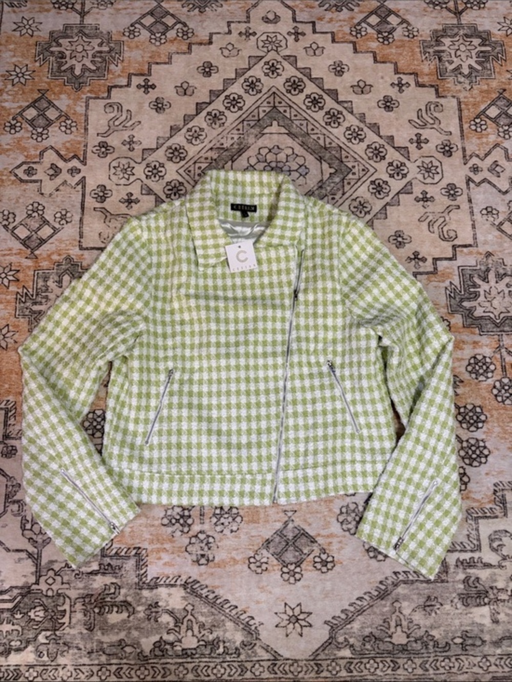 NWT CEFIAN L sparkle green and white checkered jacket with silver zipper accents